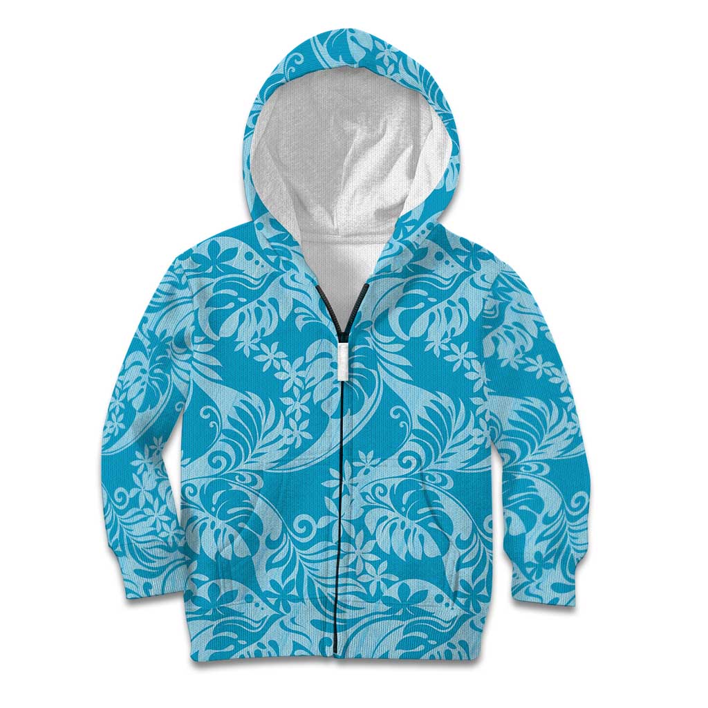 Tahiti Ninamu Tiare Floral Kid Hoodie Monstera Palm Tropical Leaves LT01 Zip Hoodie Blue - Polynesian Pride