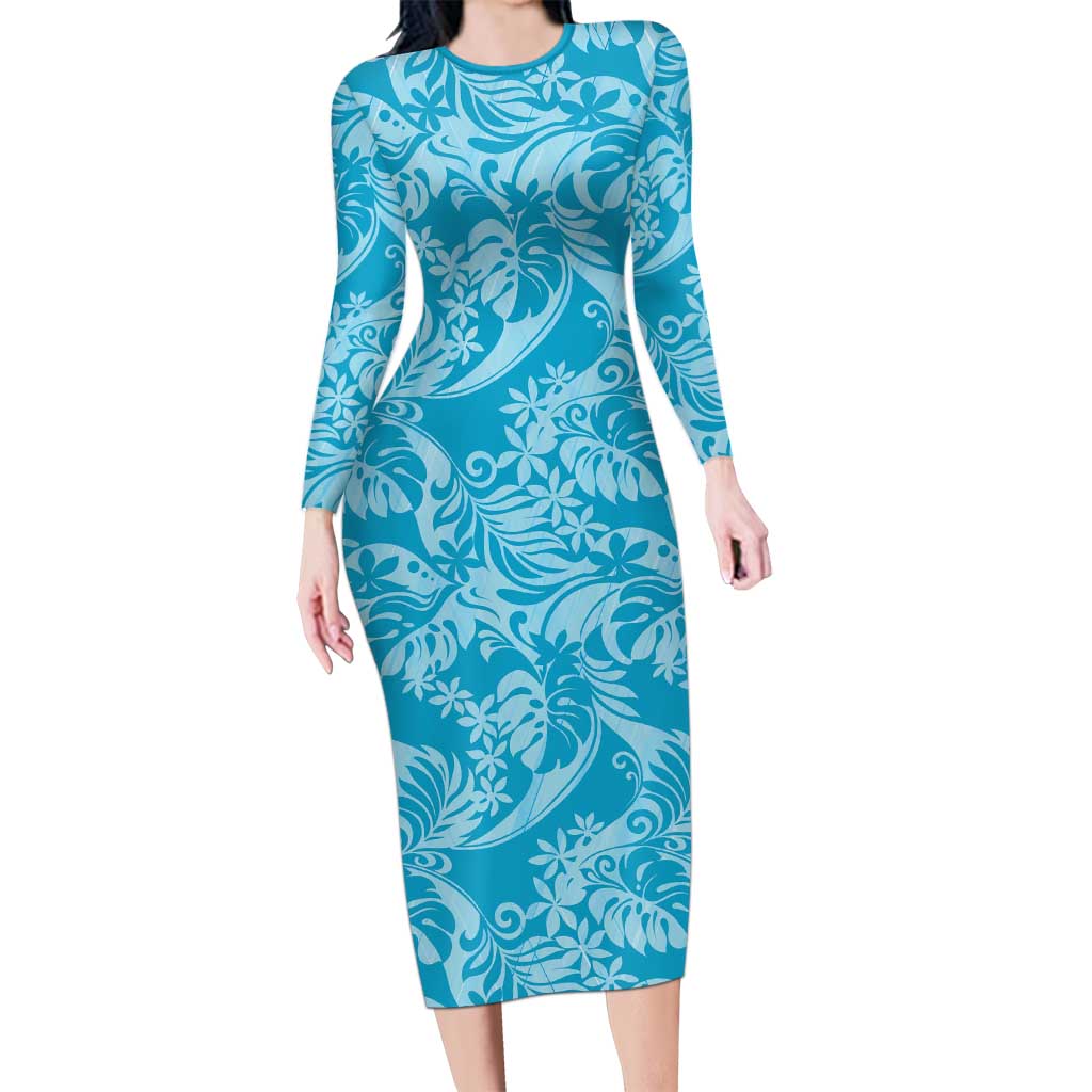 Tahiti Ninamu Tiare Floral Long Sleeve Bodycon Dress Monstera Palm Tropical Leaves - Polynesian Pride