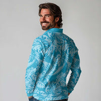 Tahiti Ninamu Tiare Floral Long Sleeve Polo Shirt Monstera Palm Tropical Leaves - Polynesian Pride