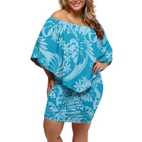 Tahiti Ninamu Tiare Floral Off Shoulder Short Dress Monstera Palm Tropical Leaves - Polynesian Pride