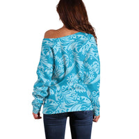 Tahiti Ninamu Tiare Floral Off Shoulder Sweater Monstera Palm Tropical Leaves - Polynesian Pride