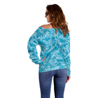 Tahiti Ninamu Tiare Floral Off Shoulder Sweater Monstera Palm Tropical Leaves - Polynesian Pride