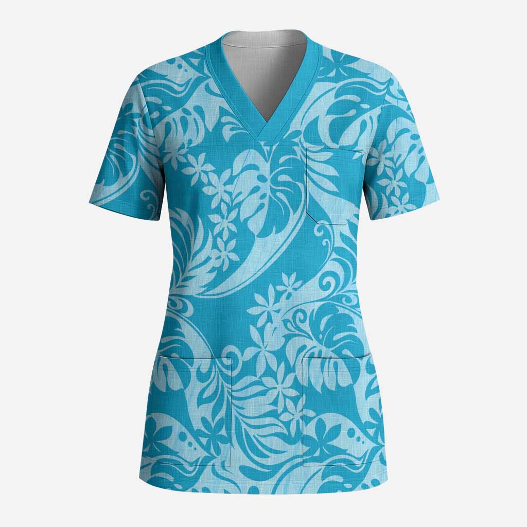 Tahiti Ninamu Tiare Floral Scrub Top Monstera Palm Tropical Leaves - Polynesian Pride