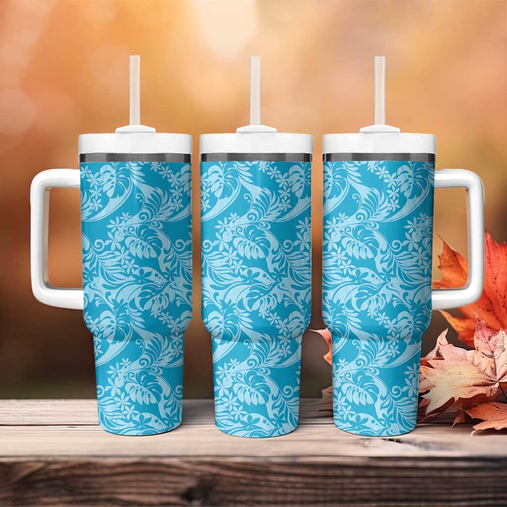 Tahiti Ninamu Tiare Floral Tumbler With Handle Monstera Palm Tropical Leaves - Polynesian Pride