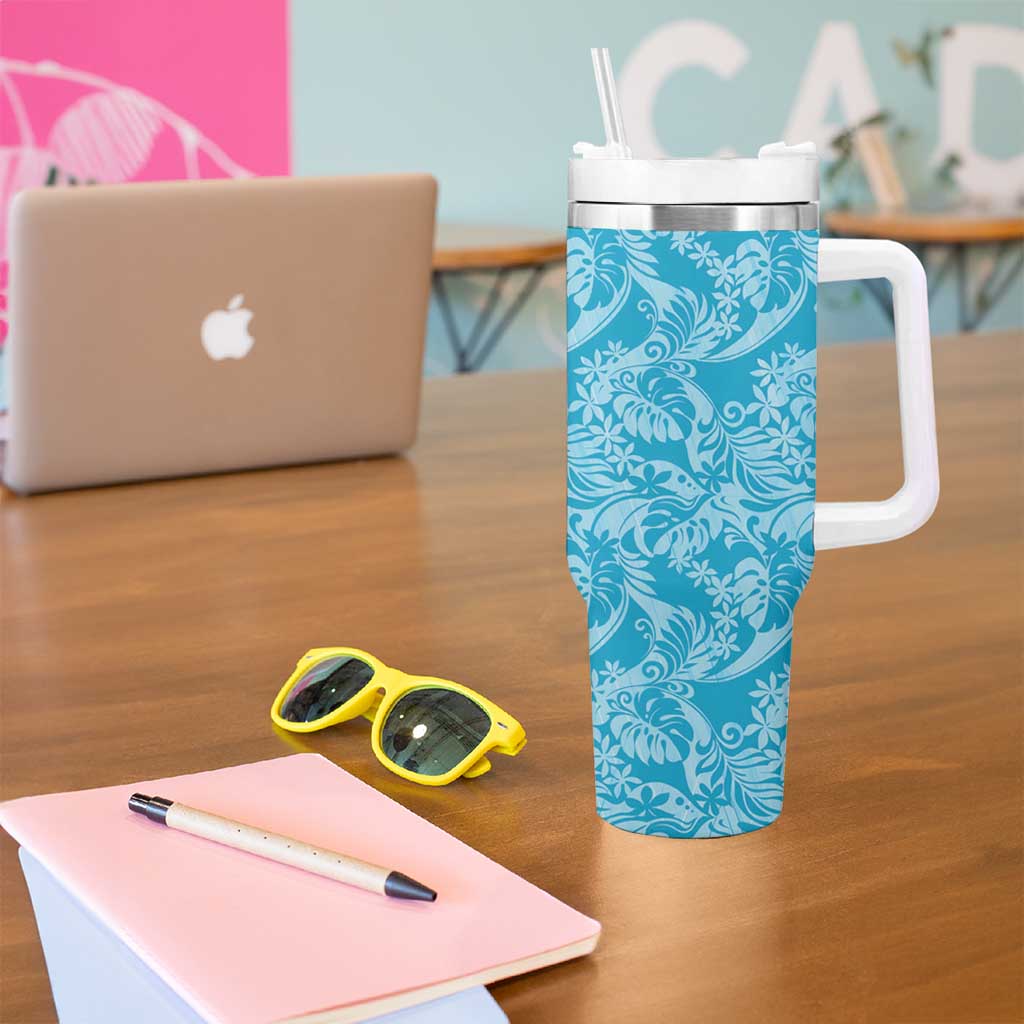Tahiti Ninamu Tiare Floral Tumbler With Handle Monstera Palm Tropical Leaves - Polynesian Pride
