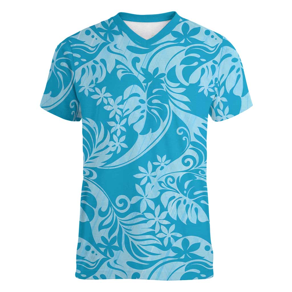 Tahiti Ninamu Tiare Floral Women V-Neck T-Shirt Monstera Palm Tropical Leaves - Polynesian Pride