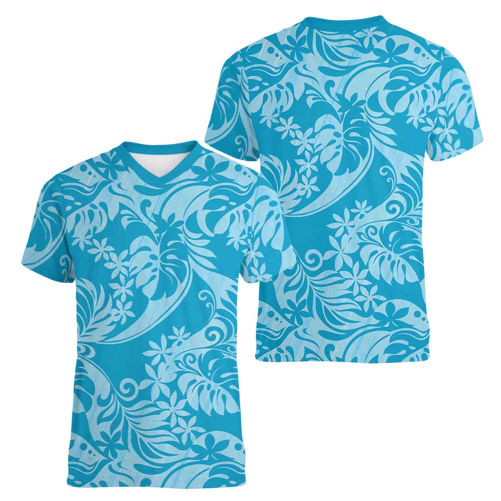 Tahiti Ninamu Tiare Floral Women V-Neck T-Shirt Monstera Palm Tropical Leaves LT01 - Polynesian Pride