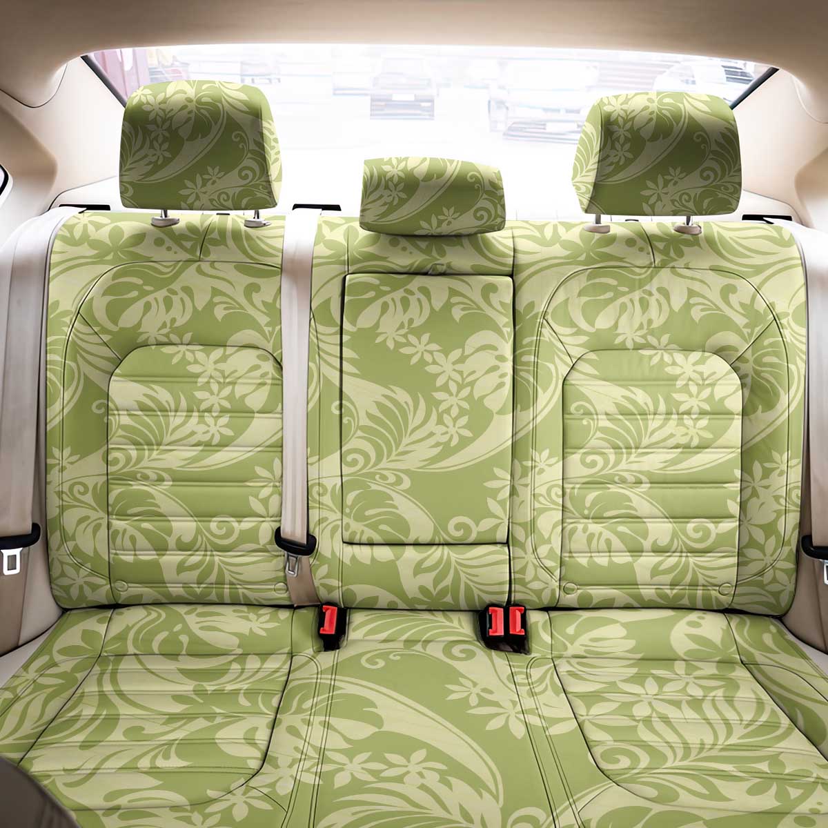 Tahiti Olive Tiare Floral Back Car Seat Cover Monstera Palm Tropical Leaves - Polynesian Pride