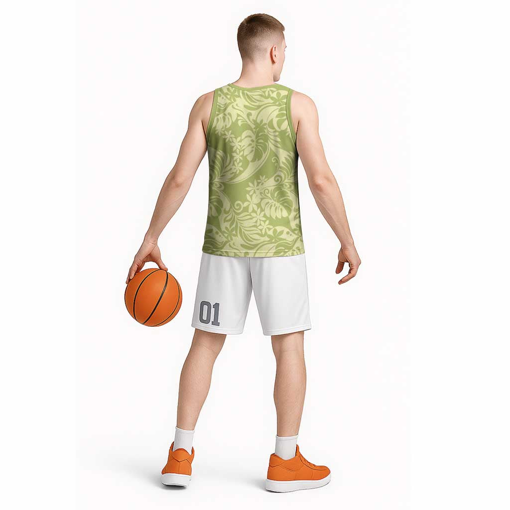 Tahiti Olive Tiare Floral Basketball Jersey Monstera Palm Tropical Leaves - Polynesian Pride