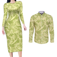 Tahiti Olive Tiare Floral Couples Matching Long Sleeve Bodycon Dress and Long Sleeve Button Shirt Monstera Palm Tropical Leaves LT01 Olive - Polynesian Pride