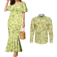 Tahiti Olive Tiare Floral Couples Matching Mermaid Dress and Long Sleeve Button Shirt Monstera Palm Tropical Leaves LT01 Olive - Polynesian Pride