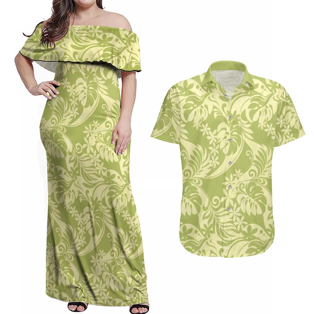 Tahiti Olive Tiare Floral Couples Matching Off Shoulder Maxi Dress and Hawaiian Shirt Monstera Palm Tropical Leaves LT01 Olive - Polynesian Pride