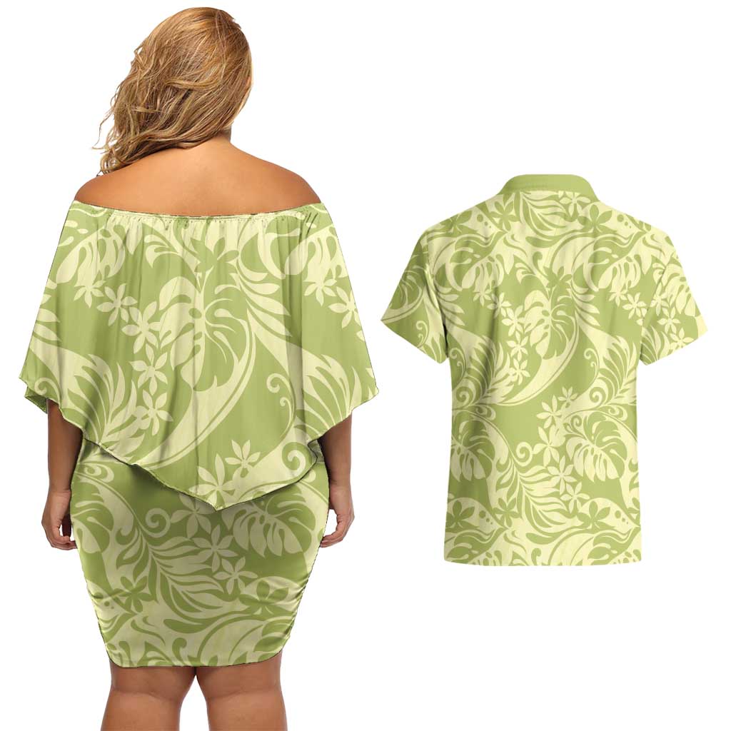 Tahiti Olive Tiare Floral Couples Matching Off Shoulder Short Dress and Hawaiian Shirt Monstera Palm Tropical Leaves LT01 - Polynesian Pride