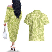 Tahiti Olive Tiare Floral Couples Matching Off The Shoulder Long Sleeve Dress and Hawaiian Shirt Monstera Palm Tropical Leaves LT01 - Polynesian Pride