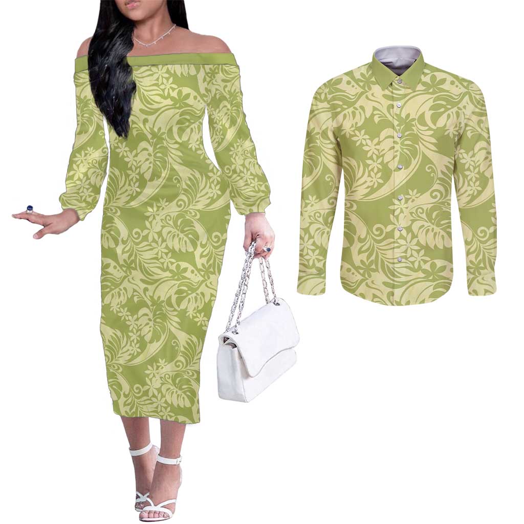 Tahiti Olive Tiare Floral Couples Matching Off The Shoulder Long Sleeve Dress and Long Sleeve Button Shirt Monstera Palm Tropical Leaves LT01 Olive - Polynesian Pride
