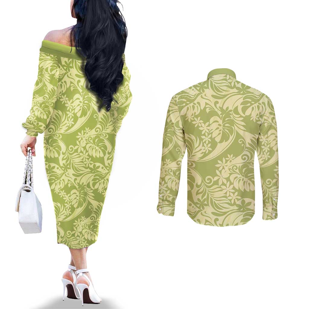 Tahiti Olive Tiare Floral Couples Matching Off The Shoulder Long Sleeve Dress and Long Sleeve Button Shirt Monstera Palm Tropical Leaves LT01 - Polynesian Pride