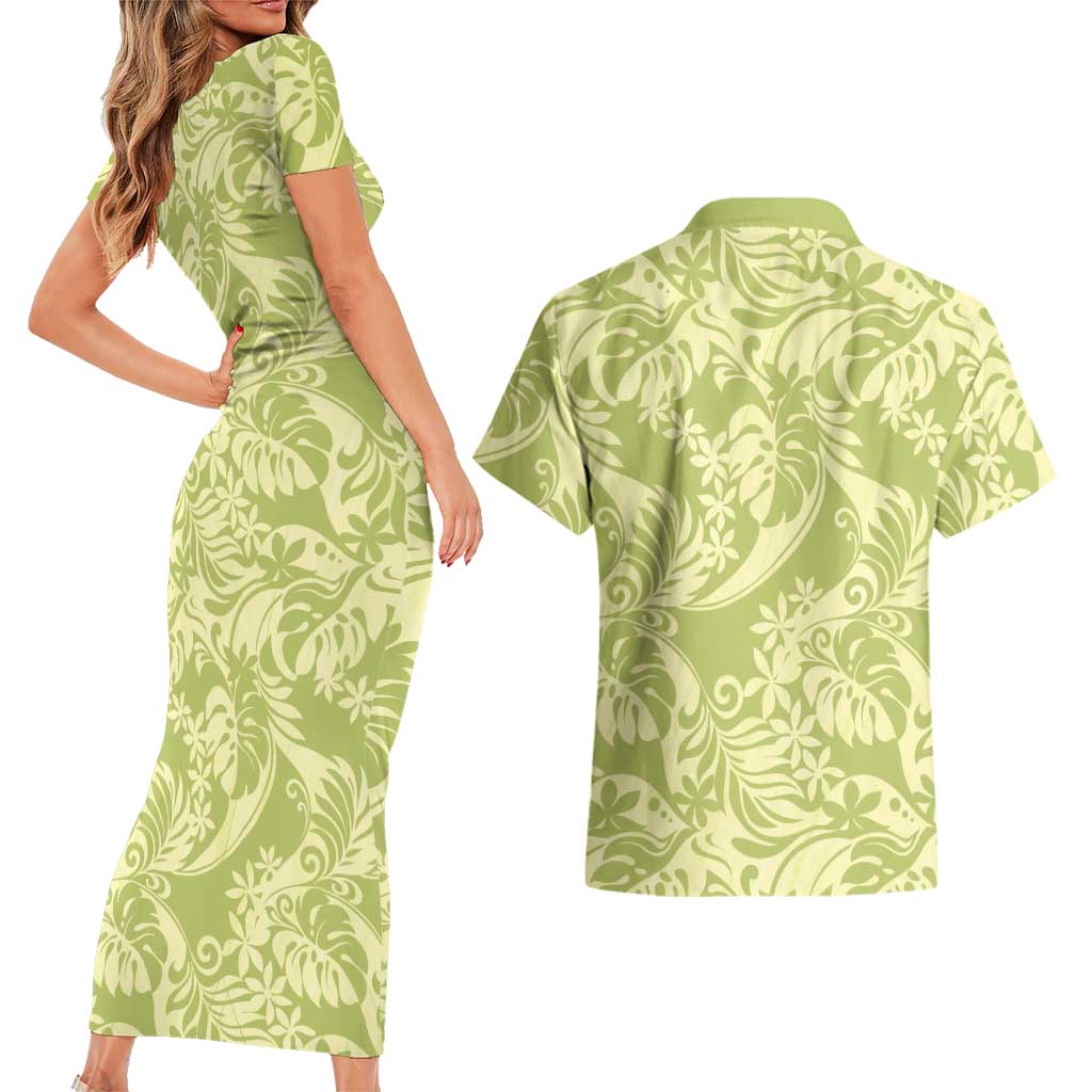 Tahiti Olive Tiare Floral Couples Matching Short Sleeve Bodycon Dress and Hawaiian Shirt Monstera Palm Tropical Leaves LT01 - Polynesian Pride