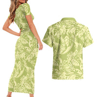 Tahiti Olive Tiare Floral Couples Matching Short Sleeve Bodycon Dress and Hawaiian Shirt Monstera Palm Tropical Leaves LT01 - Polynesian Pride