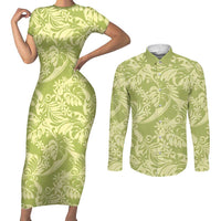 Tahiti Olive Tiare Floral Couples Matching Short Sleeve Bodycon Dress and Long Sleeve Button Shirt Monstera Palm Tropical Leaves LT01 Olive - Polynesian Pride