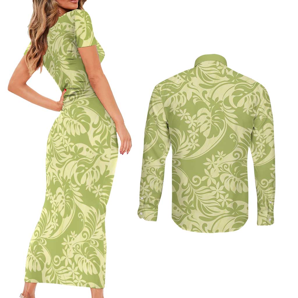 Tahiti Olive Tiare Floral Couples Matching Short Sleeve Bodycon Dress and Long Sleeve Button Shirt Monstera Palm Tropical Leaves LT01 - Polynesian Pride