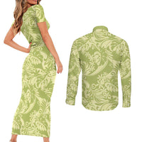 Tahiti Olive Tiare Floral Couples Matching Short Sleeve Bodycon Dress and Long Sleeve Button Shirt Monstera Palm Tropical Leaves LT01 - Polynesian Pride