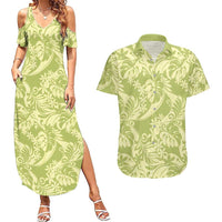 Tahiti Olive Tiare Floral Couples Matching Summer Maxi Dress and Hawaiian Shirt Monstera Palm Tropical Leaves LT01 Olive - Polynesian Pride