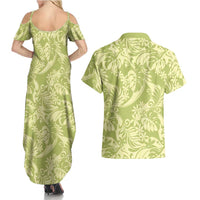Tahiti Olive Tiare Floral Couples Matching Summer Maxi Dress and Hawaiian Shirt Monstera Palm Tropical Leaves LT01 - Polynesian Pride