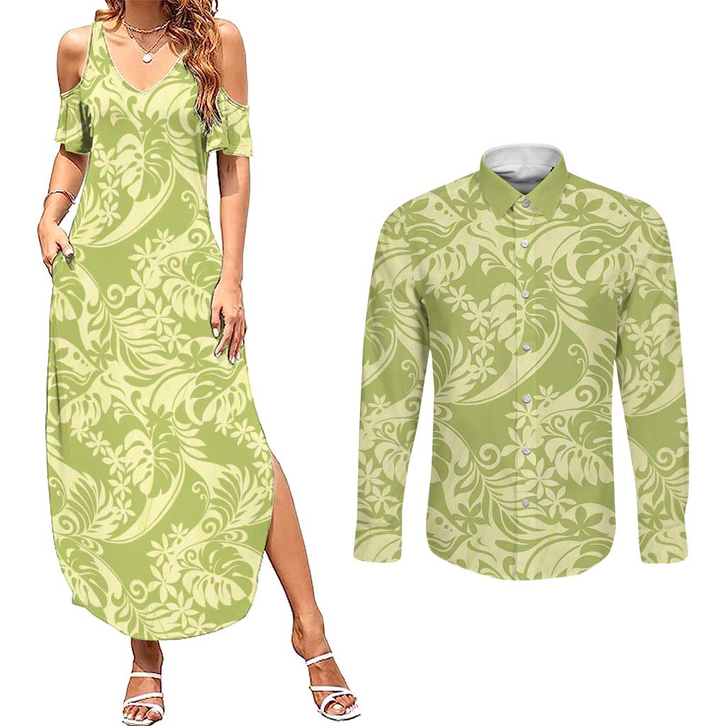 Tahiti Olive Tiare Floral Couples Matching Summer Maxi Dress and Long Sleeve Button Shirt Monstera Palm Tropical Leaves - Polynesian Pride