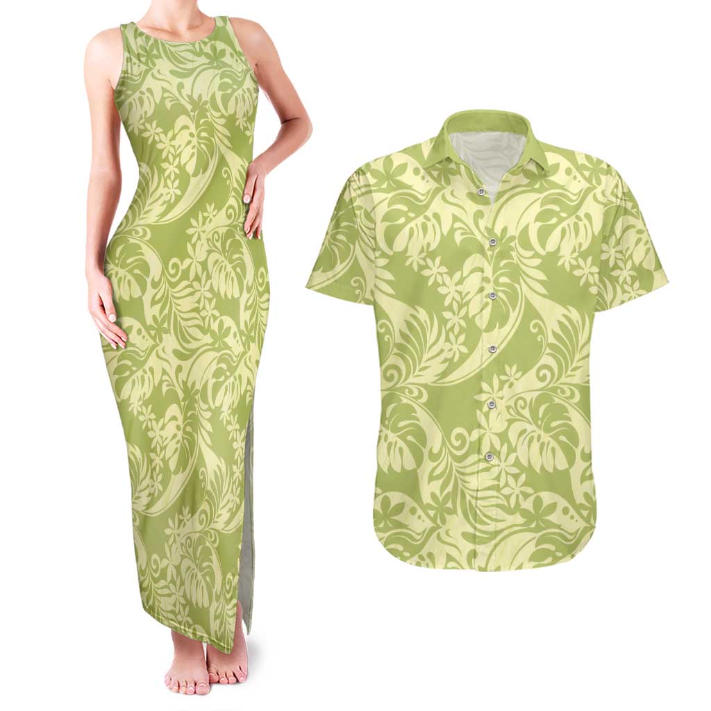 Tahiti Olive Tiare Floral Couples Matching Tank Maxi Dress and Hawaiian Shirt Monstera Palm Tropical Leaves LT01 Olive - Polynesian Pride