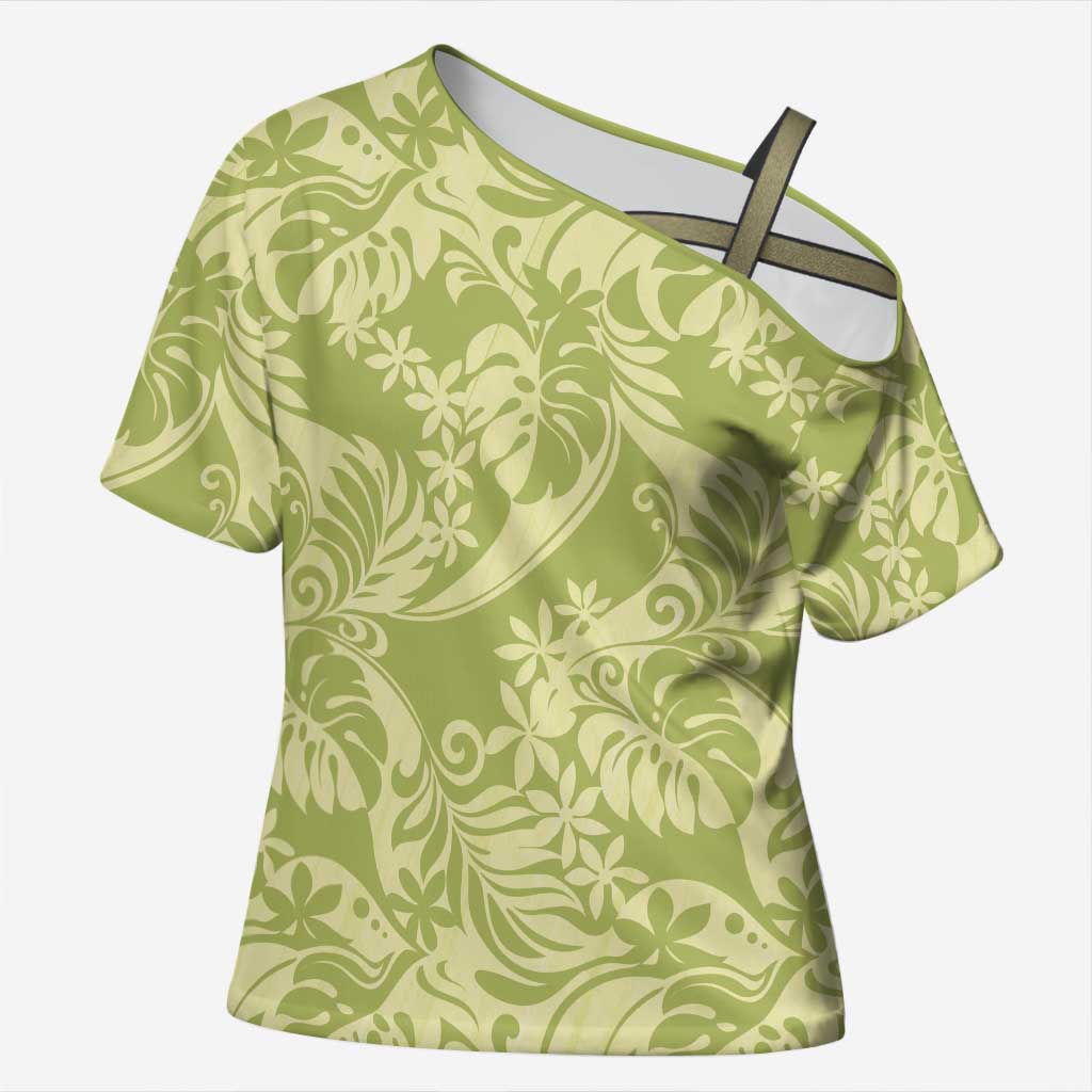 Tahiti Olive Tiare Floral Cross Shoulder Shirt Monstera Palm Tropical Leaves - Polynesian Pride
