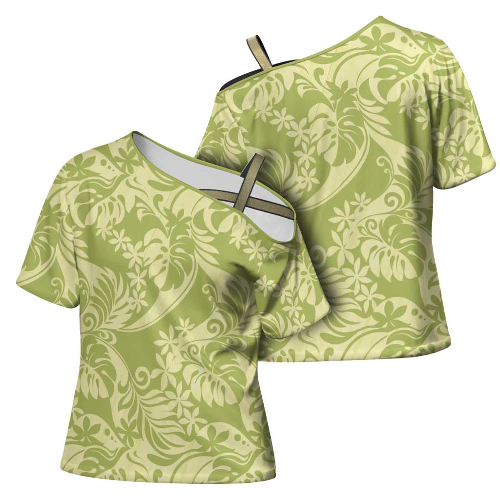Tahiti Olive Tiare Floral Cross Shoulder Shirt Monstera Palm Tropical Leaves - Polynesian Pride