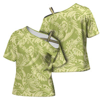 Tahiti Olive Tiare Floral Cross Shoulder Shirt Monstera Palm Tropical Leaves - Polynesian Pride