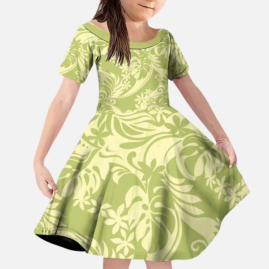 Tahiti Olive Tiare Floral Family Matching Long Sleeve Bodycon Dress and Hawaiian Shirt Monstera Palm Tropical Leaves LT01 Daughter's Dress Olive - Polynesian Pride