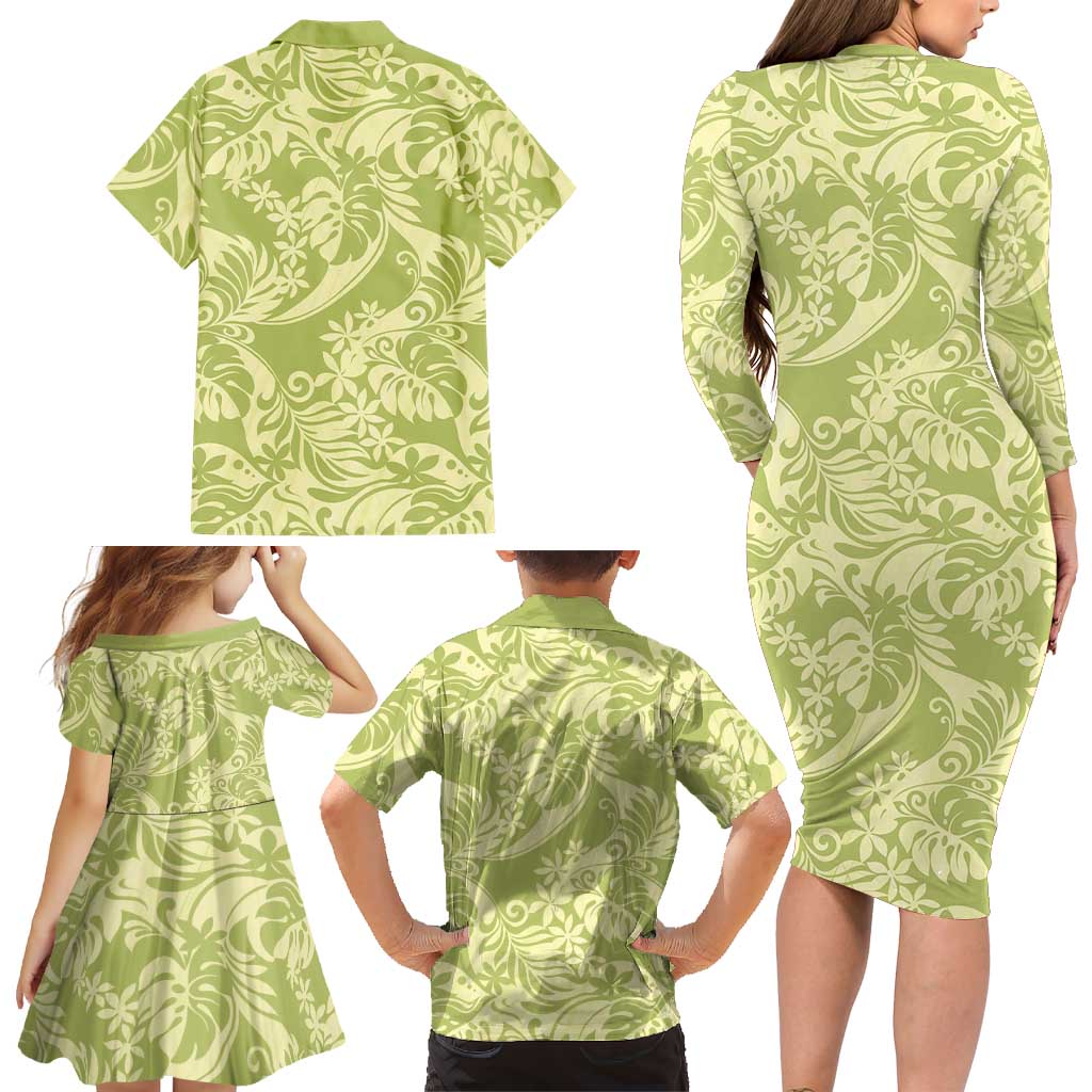 Tahiti Olive Tiare Floral Family Matching Long Sleeve Bodycon Dress and Hawaiian Shirt Monstera Palm Tropical Leaves LT01 - Polynesian Pride