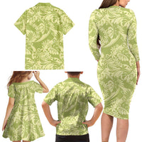 Tahiti Olive Tiare Floral Family Matching Long Sleeve Bodycon Dress and Hawaiian Shirt Monstera Palm Tropical Leaves LT01 - Polynesian Pride