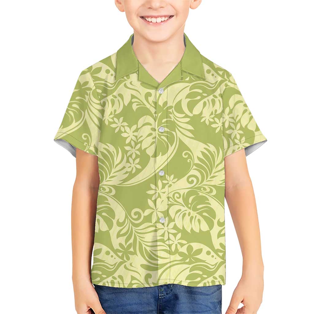 Tahiti Olive Tiare Floral Family Matching Long Sleeve Bodycon Dress and Hawaiian Shirt Monstera Palm Tropical Leaves LT01 Son's Shirt Olive - Polynesian Pride