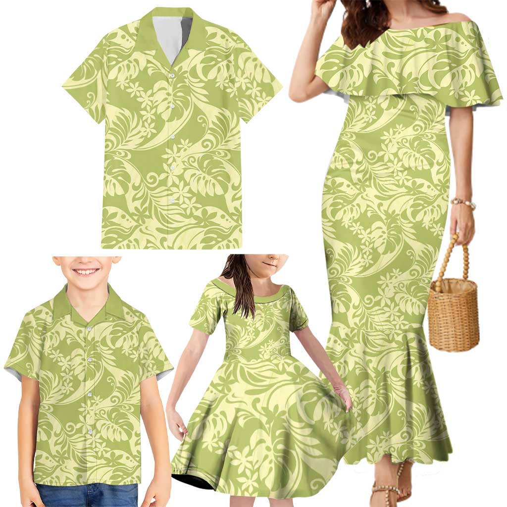 Tahiti Olive Tiare Floral Family Matching Mermaid Dress and Hawaiian Shirt Monstera Palm Tropical Leaves LT01 - Polynesian Pride
