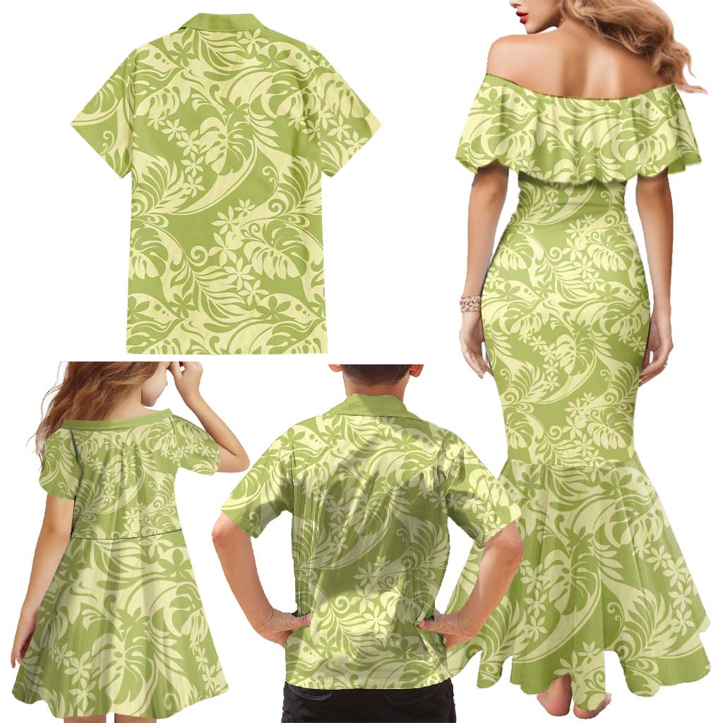 Tahiti Olive Tiare Floral Family Matching Mermaid Dress and Hawaiian Shirt Monstera Palm Tropical Leaves LT01 - Polynesian Pride