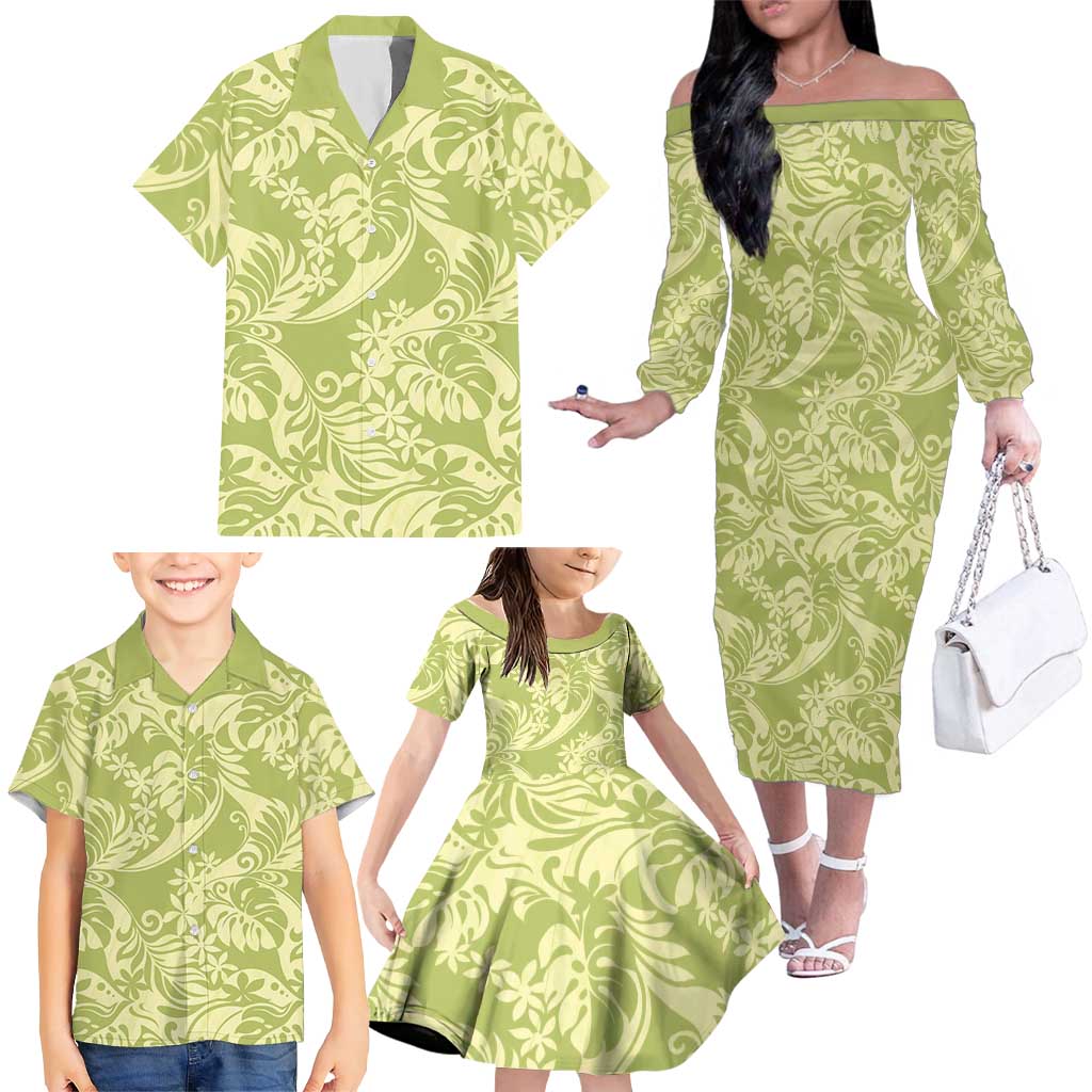 Tahiti Olive Tiare Floral Family Matching Off The Shoulder Long Sleeve Dress and Hawaiian Shirt Monstera Palm Tropical Leaves LT01 - Polynesian Pride