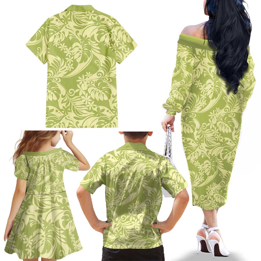 Tahiti Olive Tiare Floral Family Matching Off The Shoulder Long Sleeve Dress and Hawaiian Shirt Monstera Palm Tropical Leaves LT01 - Polynesian Pride