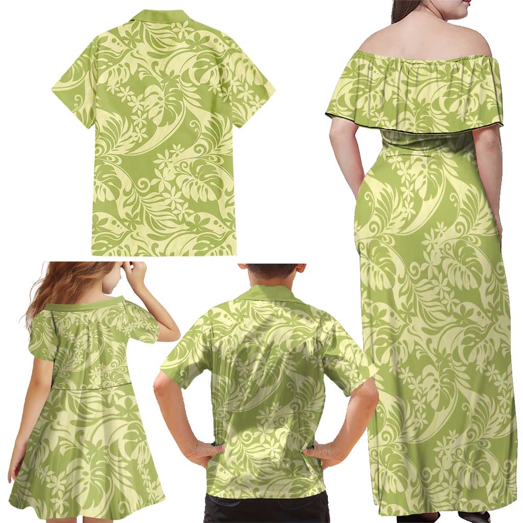 Tahiti Olive Tiare Floral Family Matching Off Shoulder Maxi Dress and Hawaiian Shirt Monstera Palm Tropical Leaves LT01 - Polynesian Pride