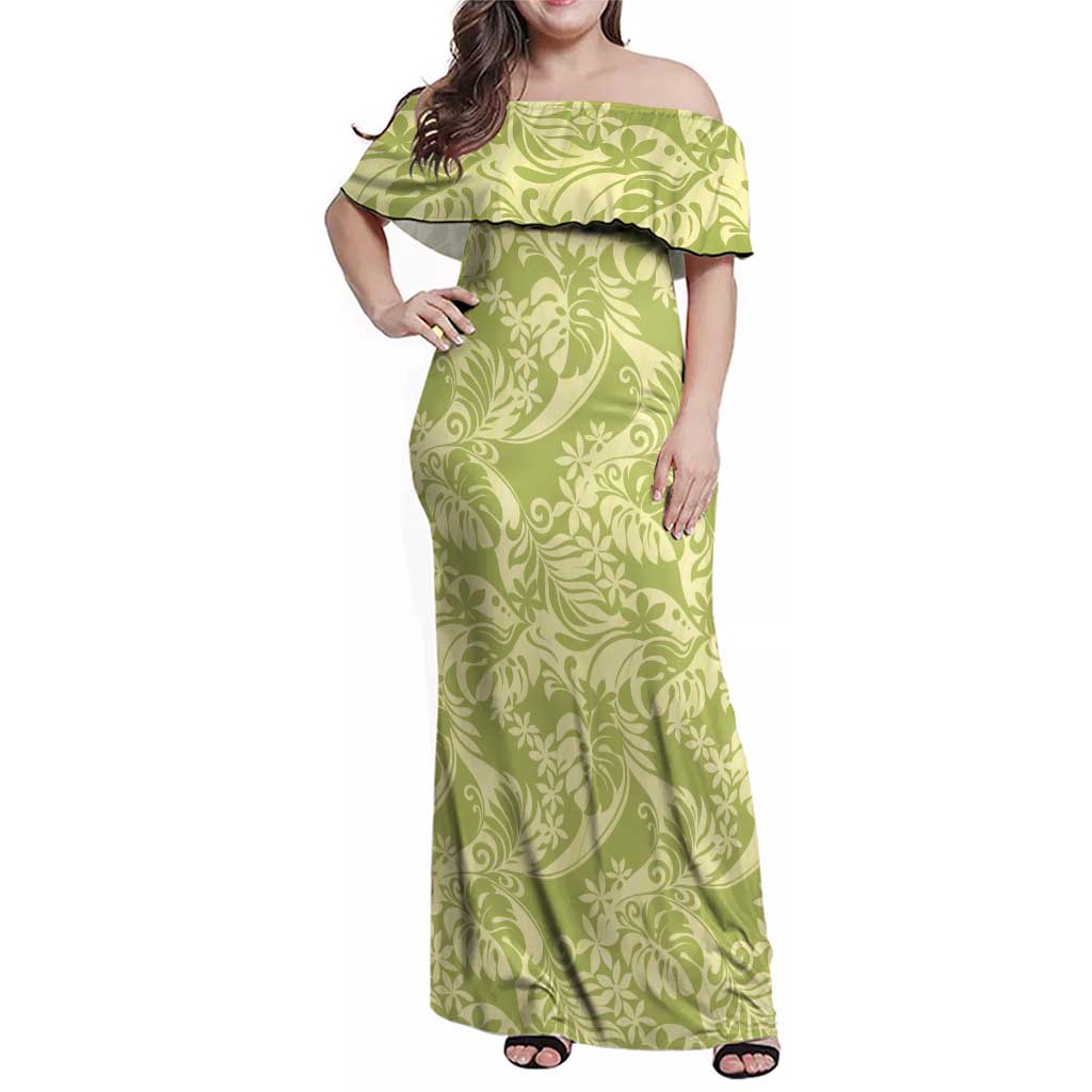 Tahiti Olive Tiare Floral Family Matching Off Shoulder Maxi Dress and Hawaiian Shirt Monstera Palm Tropical Leaves LT01 Mom's Dress Olive - Polynesian Pride