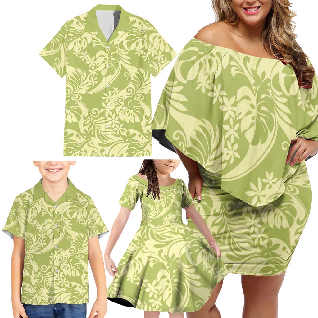 Tahiti Olive Tiare Floral Family Matching Off Shoulder Short Dress and Hawaiian Shirt Monstera Palm Tropical Leaves LT01 - Polynesian Pride