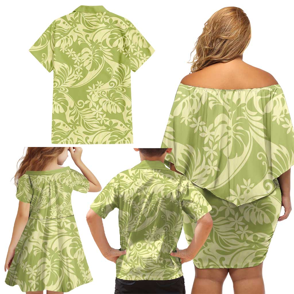 Tahiti Olive Tiare Floral Family Matching Off Shoulder Short Dress and Hawaiian Shirt Monstera Palm Tropical Leaves LT01 - Polynesian Pride