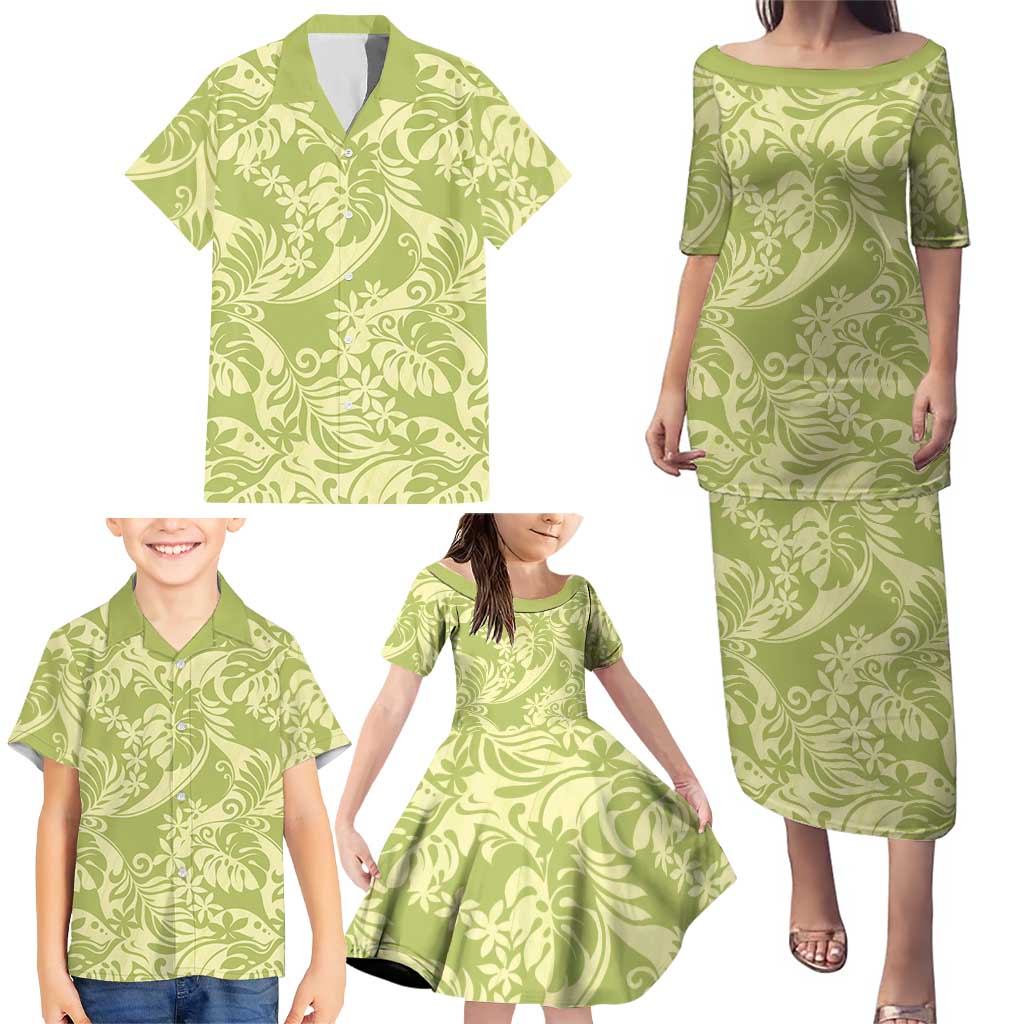 Tahiti Olive Tiare Floral Family Matching Puletasi and Hawaiian Shirt Monstera Palm Tropical Leaves LT01 - Polynesian Pride