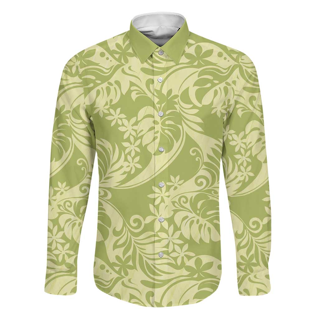 Tahiti Olive Tiare Floral Family Matching Puletasi and Hawaiian Shirt Monstera Palm Tropical Leaves LT01 Dad's Shirt - Long Sleeve Olive - Polynesian Pride