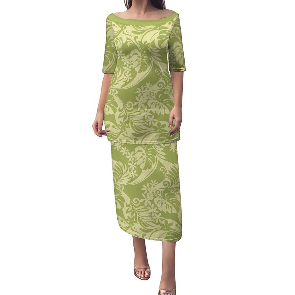Tahiti Olive Tiare Floral Family Matching Puletasi and Hawaiian Shirt Monstera Palm Tropical Leaves LT01 Mom's Dress Olive - Polynesian Pride