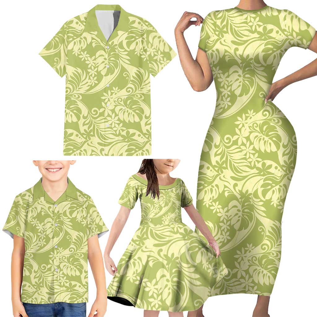 Tahiti Olive Tiare Floral Family Matching Short Sleeve Bodycon Dress and Hawaiian Shirt Monstera Palm Tropical Leaves LT01 - Polynesian Pride
