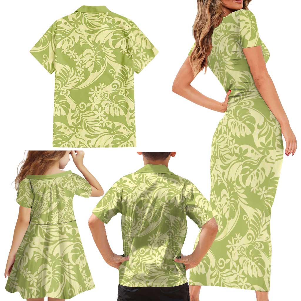 Tahiti Olive Tiare Floral Family Matching Short Sleeve Bodycon Dress and Hawaiian Shirt Monstera Palm Tropical Leaves LT01 - Polynesian Pride