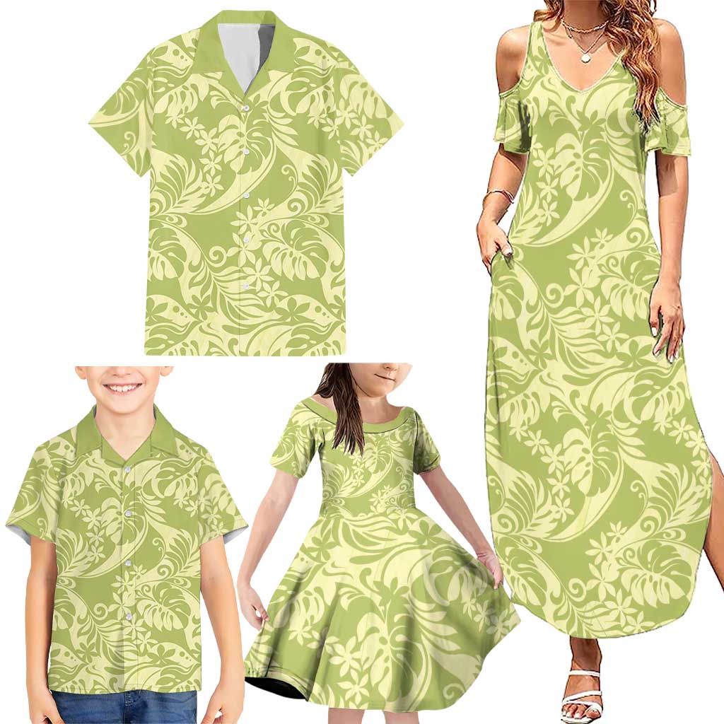 Tahiti Olive Tiare Floral Family Matching Summer Maxi Dress and Hawaiian Shirt Monstera Palm Tropical Leaves LT01 - Polynesian Pride